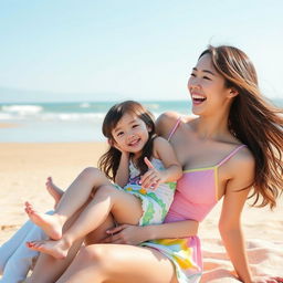 A joyful beach scene featuring Zhang Linghe and Song Ji Eun, both laughing and playing together