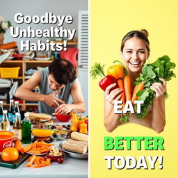 A vibrant and eye-catching YouTube thumbnail design divided into two sections: On the left side, depict an unhealthy lifestyle theme with a cluttered table filled with junk food, soda bottles, and a person looking tired and stressed, representing unhealthy habits