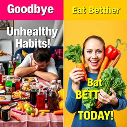 A vibrant and eye-catching YouTube thumbnail design divided into two sections: On the left side, depict an unhealthy lifestyle theme with a cluttered table filled with junk food, soda bottles, and a person looking tired and stressed, representing unhealthy habits