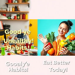 A vibrant and eye-catching YouTube thumbnail design divided into two sections: On the left side, depict an unhealthy lifestyle theme with a cluttered table filled with junk food, soda bottles, and a person looking tired and stressed, representing unhealthy habits