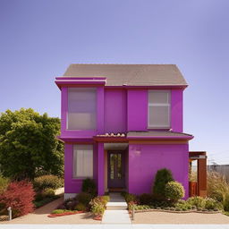 A detailed two-storey house with a vibrant purple exterior, complete with well-maintained surroundings on a sunny day.