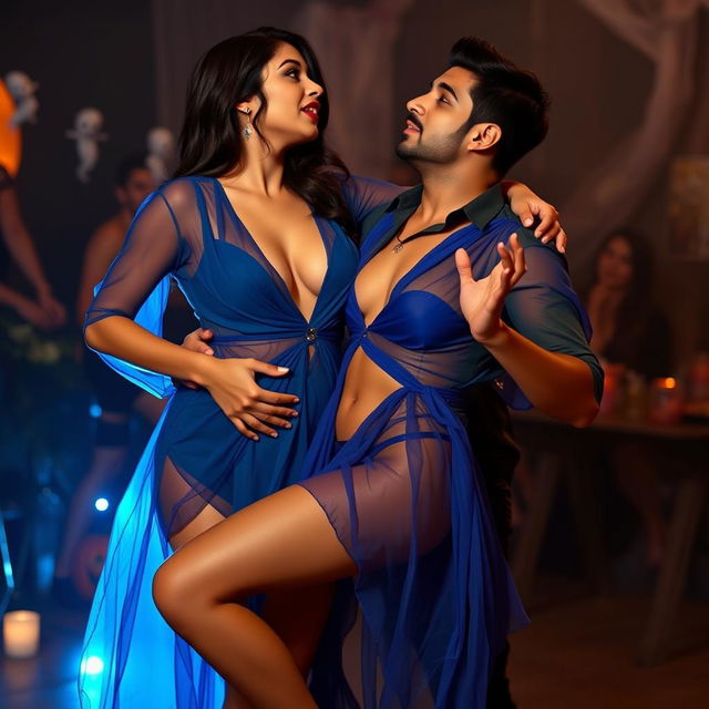 A captivating Halloween party scene featuring a sensual woman named Nushrat Bharucha wearing a stunning blue jasmine dress