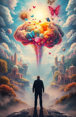 An abstract representation of how beliefs shape reality, featuring a surreal landscape where thoughts and beliefs manifest as colorful, floating shapes and symbols