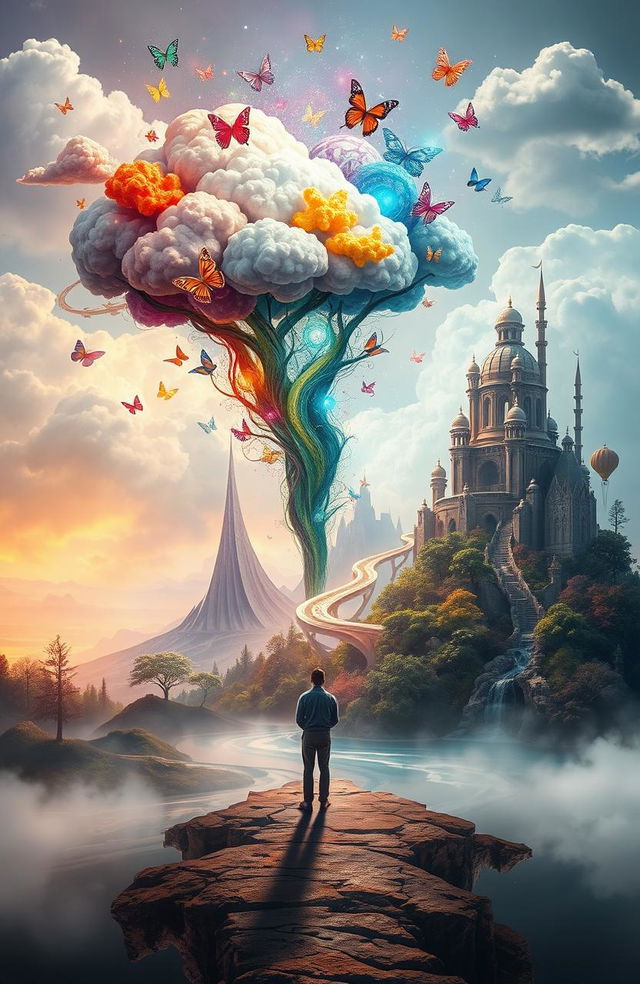 An abstract representation of how beliefs shape reality, featuring a surreal landscape where thoughts and beliefs manifest as colorful, floating shapes and symbols