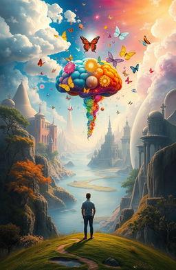 An abstract representation of how beliefs shape reality, featuring a surreal landscape where thoughts and beliefs manifest as colorful, floating shapes and symbols