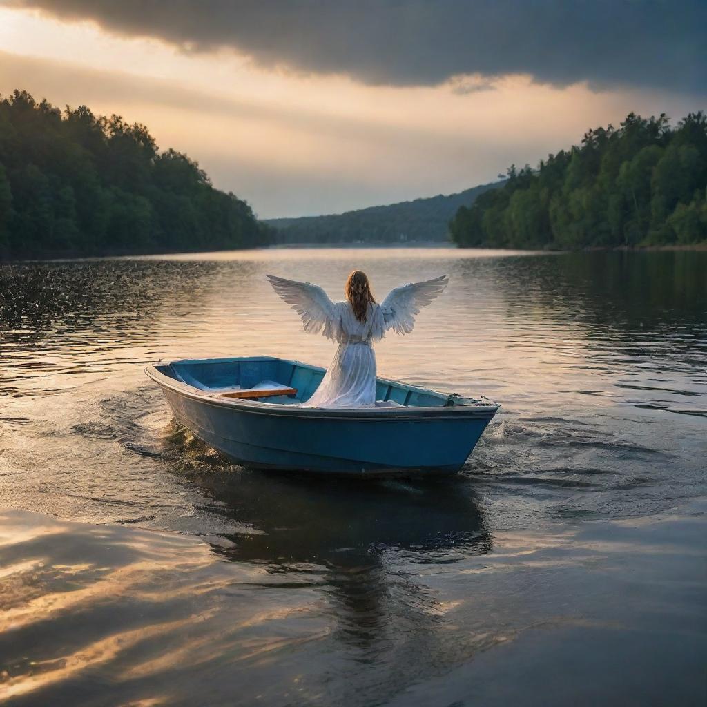 In an image with HDR quality and 24k resolution, present an angel under the water, struggling to reach the lake's surface next to a roaring boat during sundown