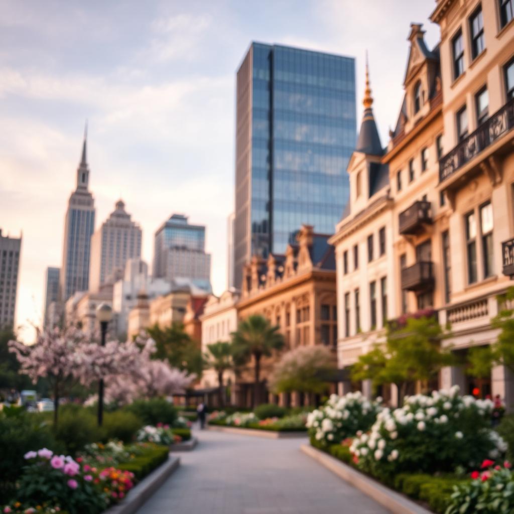 A serene urban landscape featuring a beautifully blurred city background, ideal for a tranquil photo spot