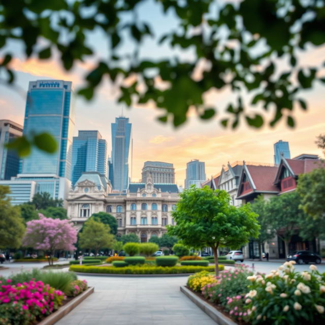 A serene urban landscape featuring a beautifully blurred city background, ideal for a tranquil photo spot