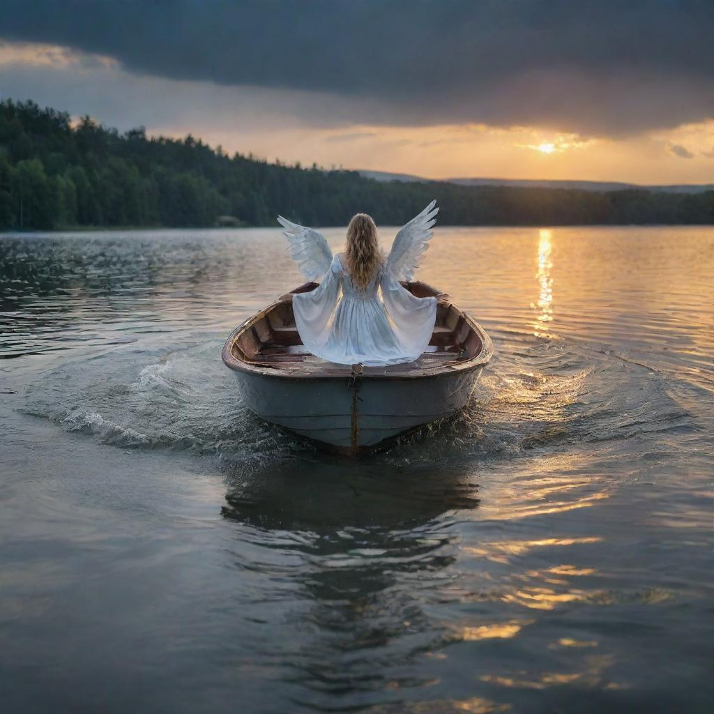 In an image with HDR quality and 24k resolution, present an angel under the water, struggling to reach the lake's surface next to a roaring boat during sundown