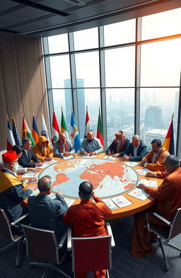 A dynamic and engaging visual representation of global politics, featuring a diverse group of world leaders gathered around a large round table with flags from various countries in the background