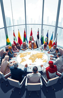 A dynamic and engaging visual representation of global politics, featuring a diverse group of world leaders gathered around a large round table with flags from various countries in the background