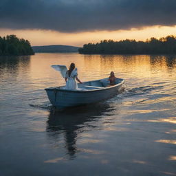 In an image with HDR quality and 24k resolution, present an angel under the water, struggling to reach the lake's surface next to a roaring boat during sundown