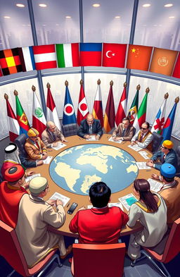 A dynamic and engaging visual representation of global politics, featuring a diverse group of world leaders gathered around a large round table with flags from various countries in the background