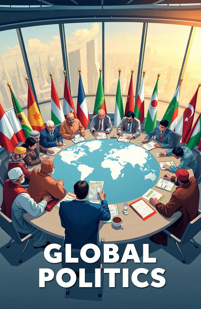 A dynamic and engaging visual representation of global politics, featuring a diverse group of world leaders gathered around a large round table with flags from various countries in the background