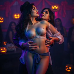 A sultry Halloween party scene featuring a sensual woman resembling Nushrat Bharucha dressed as Jasmine from Aladdin