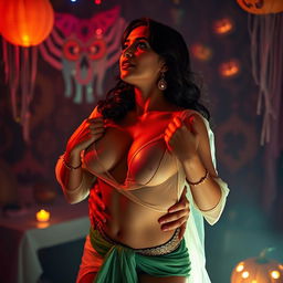A sultry Halloween party scene featuring a sensual woman resembling Nushrat Bharucha dressed as Jasmine from Aladdin