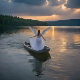 In an image with HDR quality and 24k resolution, present an angel under the water, struggling to reach the lake's surface next to a roaring boat during sundown