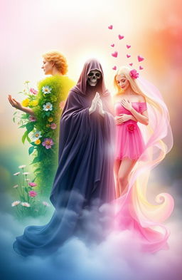 A visually striking representation of Life, Love, and Death personified as three ethereal beings