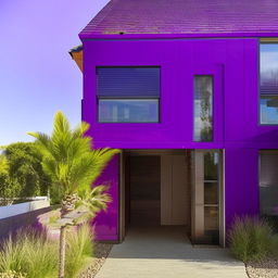 A detailed two-storey house with a vibrant purple exterior, complete with well-maintained surroundings on a sunny day.