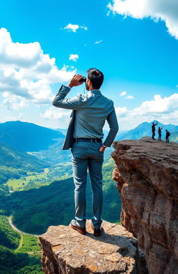 An inspiring and transformational scene depicting a person standing at the edge of a cliff, overlooking a vast landscape