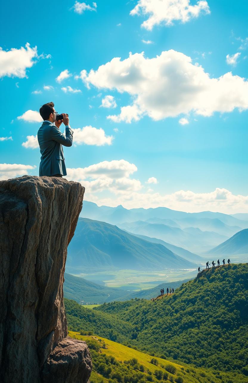 An inspiring and transformational scene depicting a person standing at the edge of a cliff, overlooking a vast landscape