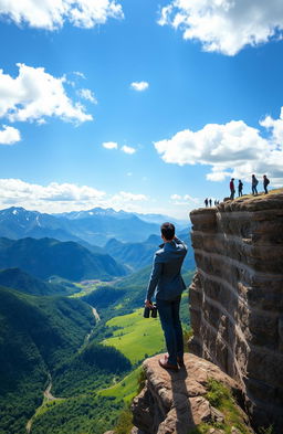 An inspiring and transformational scene depicting a person standing at the edge of a cliff, overlooking a vast landscape