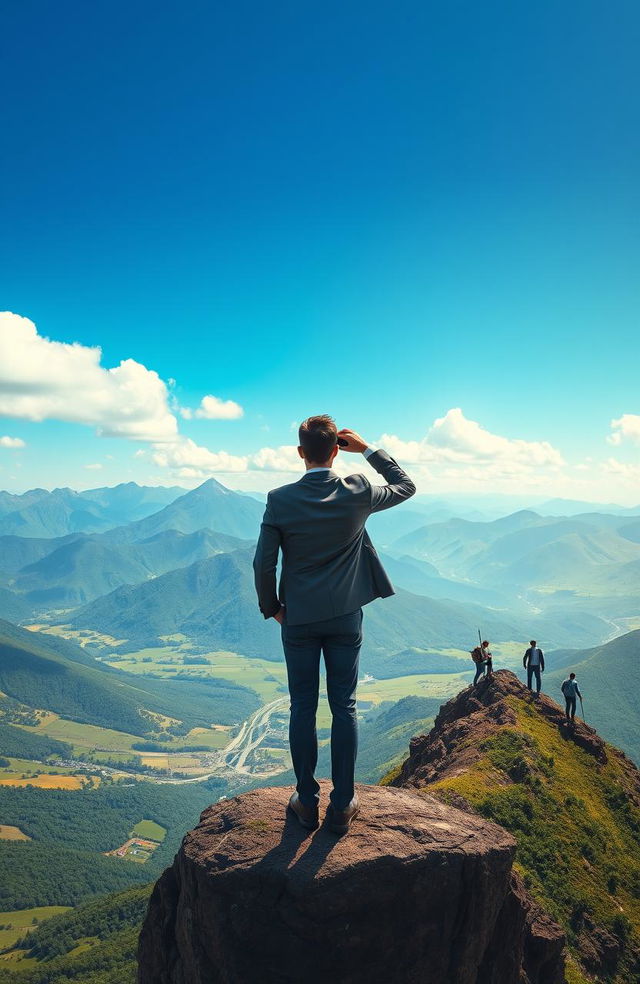 An inspiring and transformational scene depicting a person standing at the edge of a cliff, overlooking a vast landscape