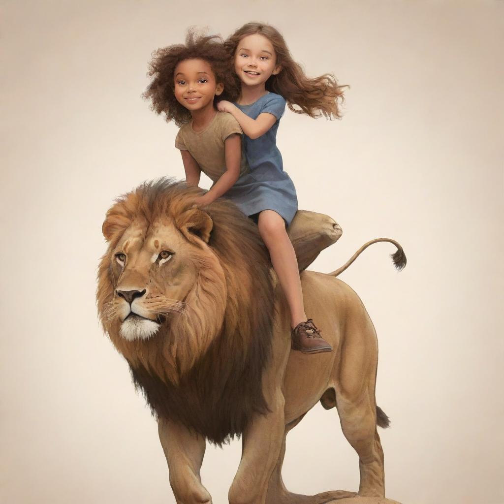 Animated drawing of a girl confidently riding on the back of a majestic lion.