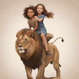 Animated drawing of a girl confidently riding on the back of a majestic lion.