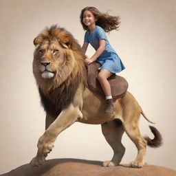 Animated drawing of a girl confidently riding on the back of a majestic lion.