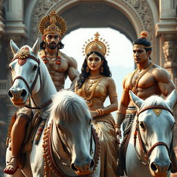 A photorealistic 8k image portraying two muscular Hindu princes and one gorgeous Indian queen