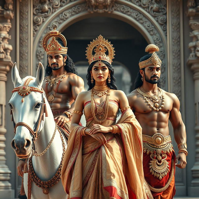 A photorealistic 8k image portraying two muscular Hindu princes and one gorgeous Indian queen