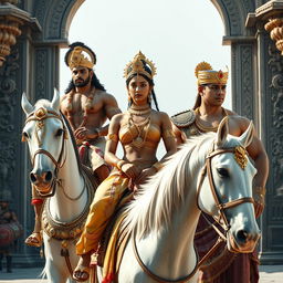 A photorealistic 8k image portraying two muscular Hindu princes and one gorgeous Indian queen