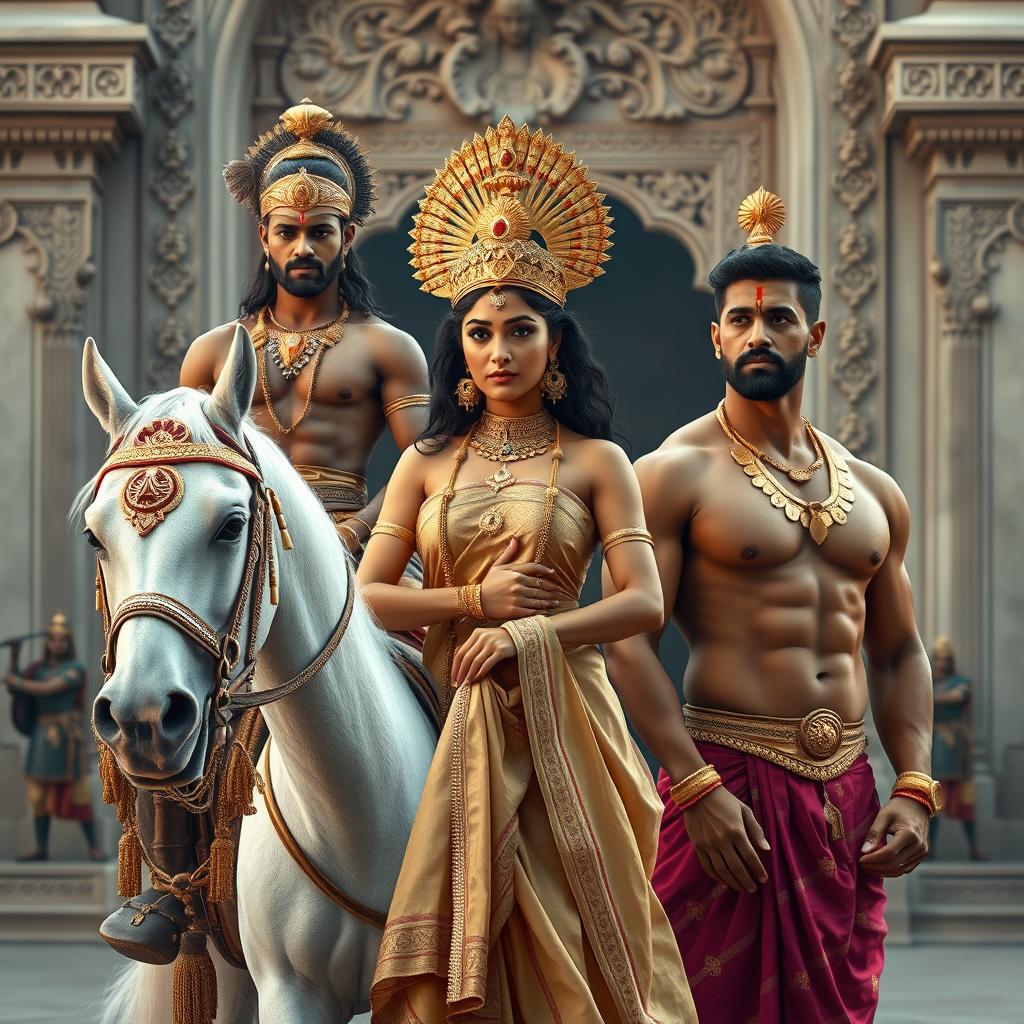 A photorealistic 8k image portraying two muscular Hindu princes and one gorgeous Indian queen