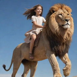 Animated drawing of a girl confidently riding on the back of a majestic lion.