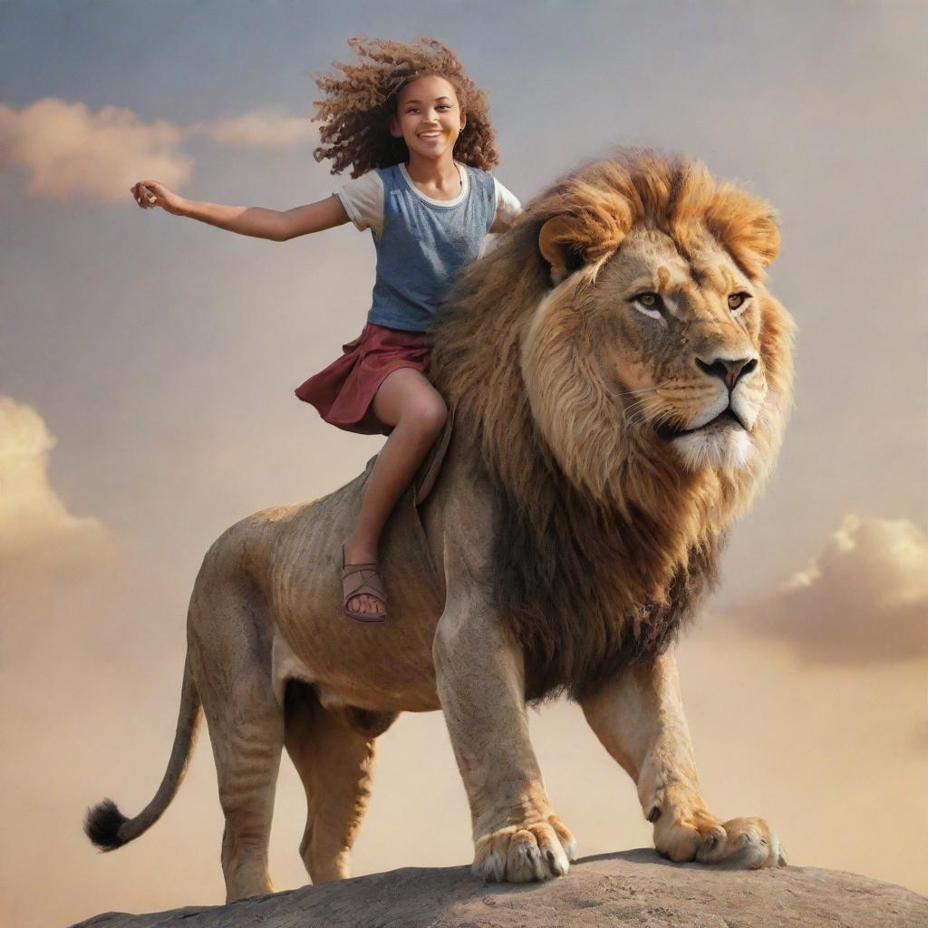 Animated drawing of a girl confidently riding on the back of a majestic lion.