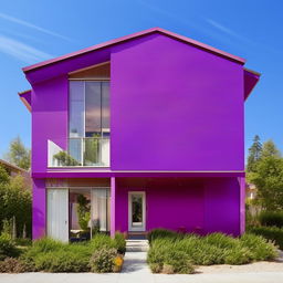 A detailed two-storey house with a vibrant purple exterior, complete with well-maintained surroundings on a sunny day.