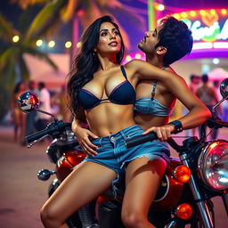 An enticing scene set in Goa featuring a sensual woman resembling Nushrat Bharucha dressed as a college girl in a bikini top