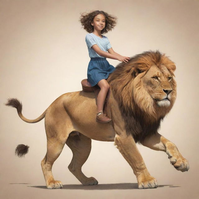 Animated drawing of a girl confidently riding on the back of a majestic lion.