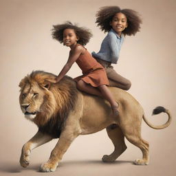 Animated drawing of a girl confidently riding on the back of a majestic lion.