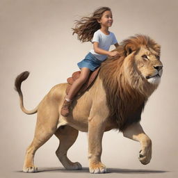 Animated drawing of a girl confidently riding on the back of a majestic lion.