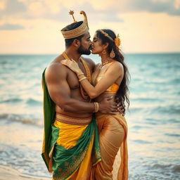 A romantic scene on a beautiful beach, featuring a handsome muscular Indian Hindu prince and a gorgeous Hindu Pakistani queen