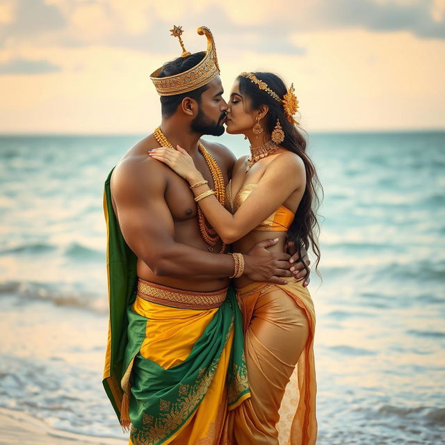 A romantic scene on a beautiful beach, featuring a handsome muscular Indian Hindu prince and a gorgeous Hindu Pakistani queen