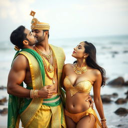 A romantic scene on a beautiful beach, featuring a handsome muscular Indian Hindu prince and a gorgeous Hindu Pakistani queen