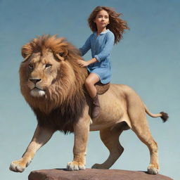 Animated drawing of a girl confidently riding on the back of a majestic lion.