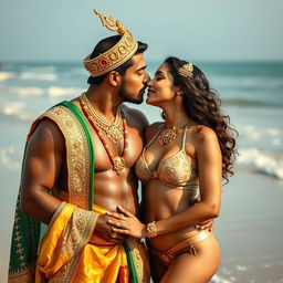 A romantic scene on a beautiful beach, featuring a handsome muscular Indian Hindu prince and a gorgeous Hindu Pakistani queen