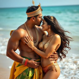 A romantic scene on a beautiful beach, featuring a handsome muscular Indian Hindu prince and a gorgeous Hindu Pakistani queen