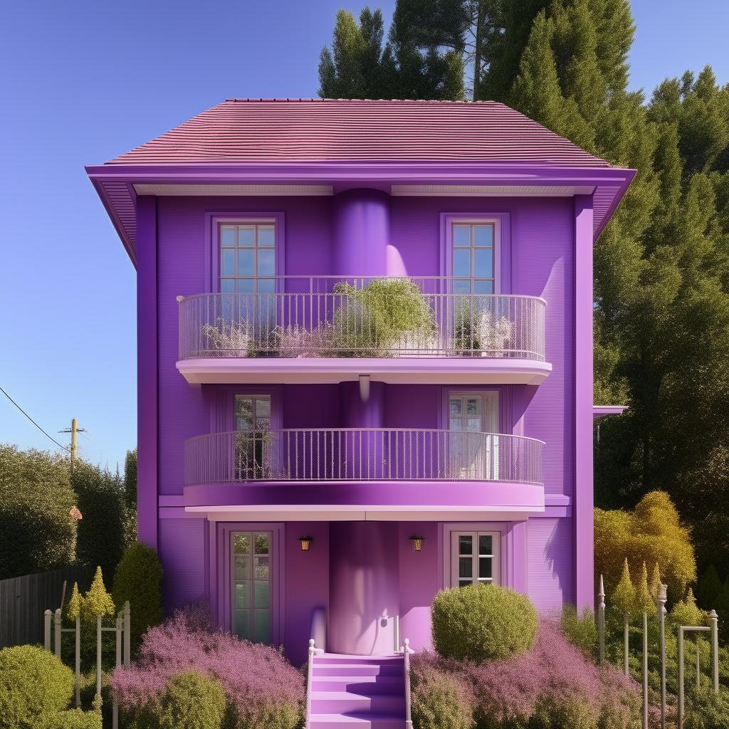 A detailed two-storey house with a vibrant purple exterior, complete with well-maintained surroundings on a sunny day.