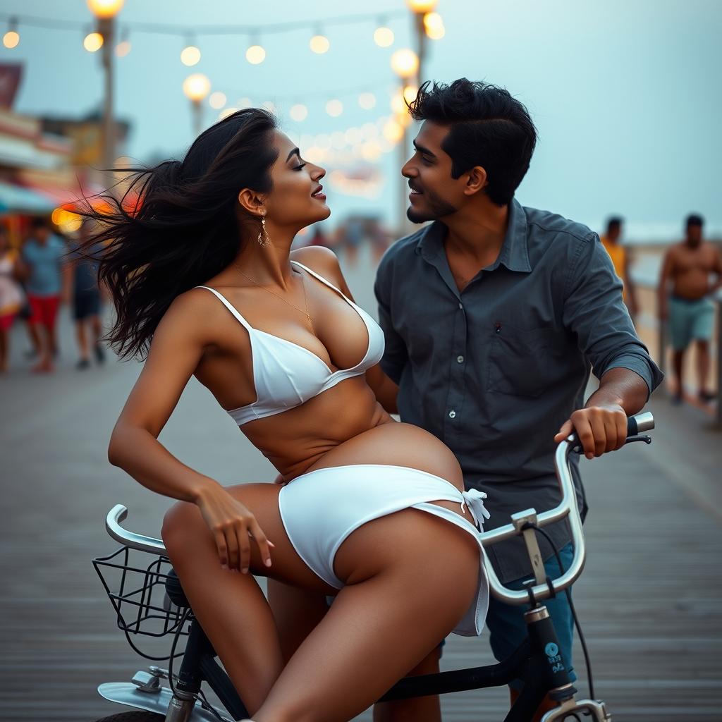 An alluring scene set at a Goa boardwalk, depicting a sensual woman resembling Nushrat Bharucha as a college girl in a white bikini top