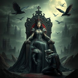 A powerful image of the Queen of the Dark seated on an ornate throne, exuding an air of majesty and dominance